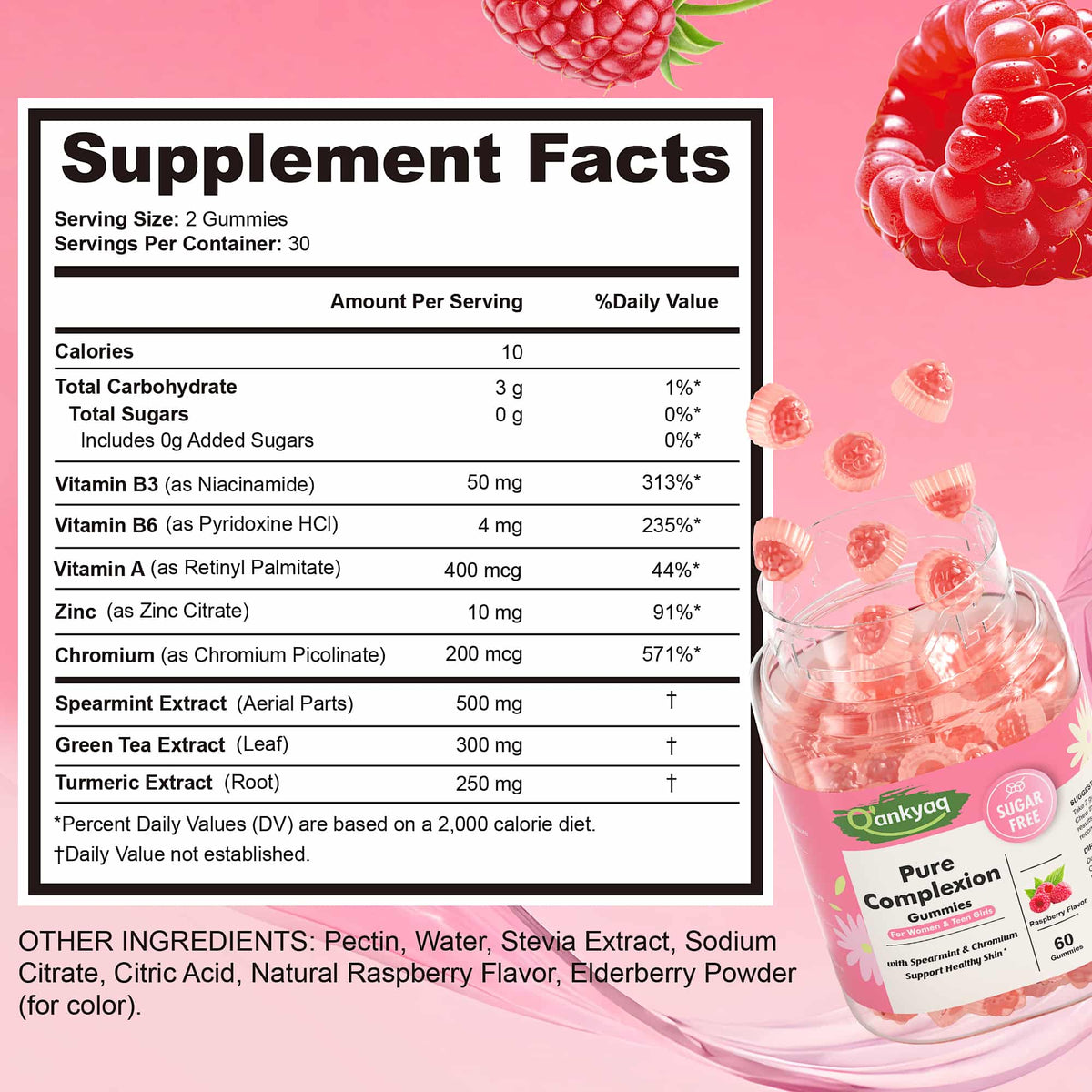 q'ankyaq spearmint skin panel, every entry named — Pure Complexion gummies supplement facts — q'ankyaq